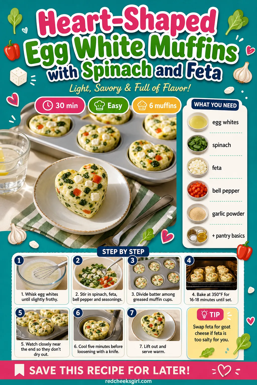 Heart-Shaped Egg White Muffins Recipe Card printable sheet — Printable card for heart-shaped egg white muffins. Valentine breakfast