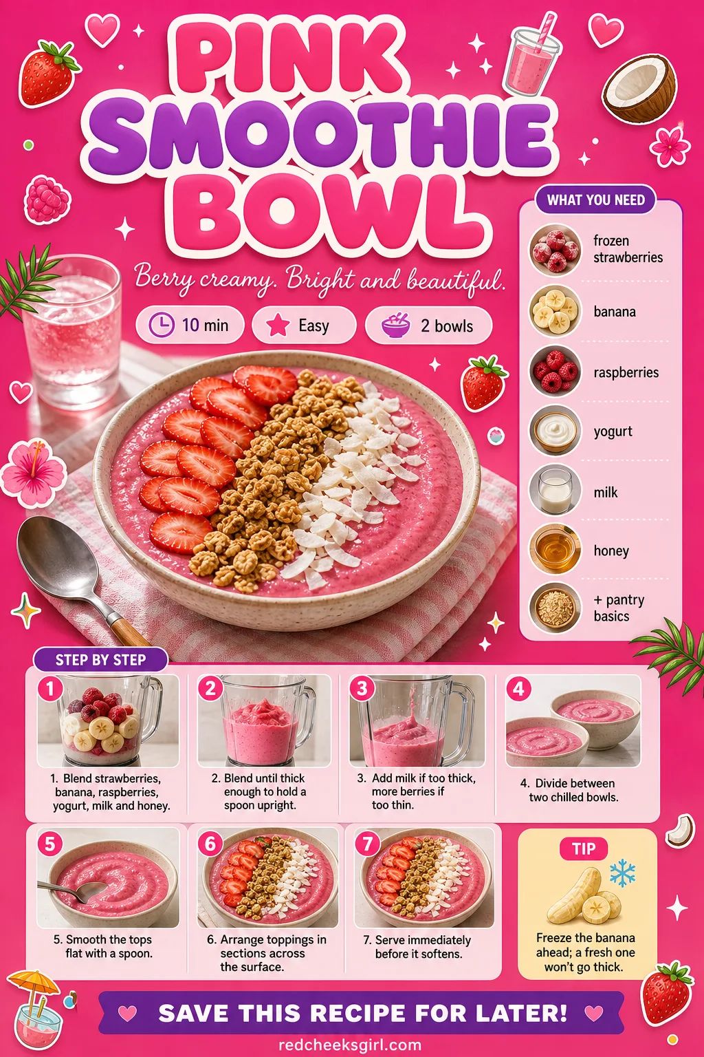 Pink Smoothie Bowl Recipe Card printable sheet — Printable card for pink smoothie bowl. Valentine breakfast