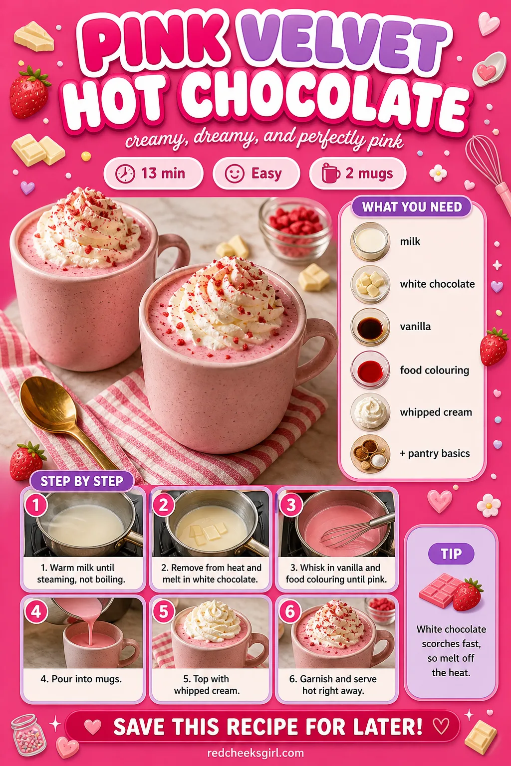 Pink Velvet Hot Chocolate Recipe Card printable sheet — Printable card for pink velvet hot chocolate. Valentine breakfast