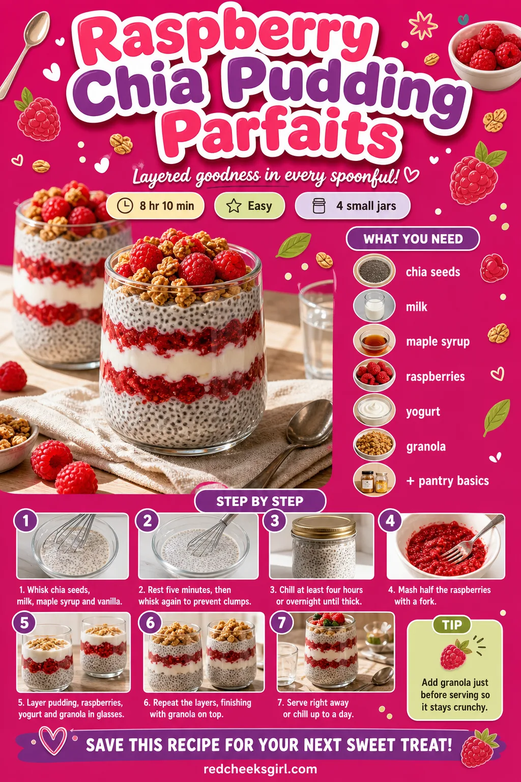 Raspberry Chia Pudding Parfaits Recipe Card printable sheet — Printable card for raspberry chia pudding parfaits. Valentine breakfast