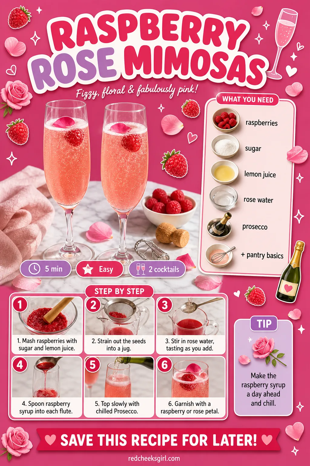 Raspberry Rose Mimosas Recipe Card printable sheet — Printable card for raspberry rose mimosas. Valentine breakfast