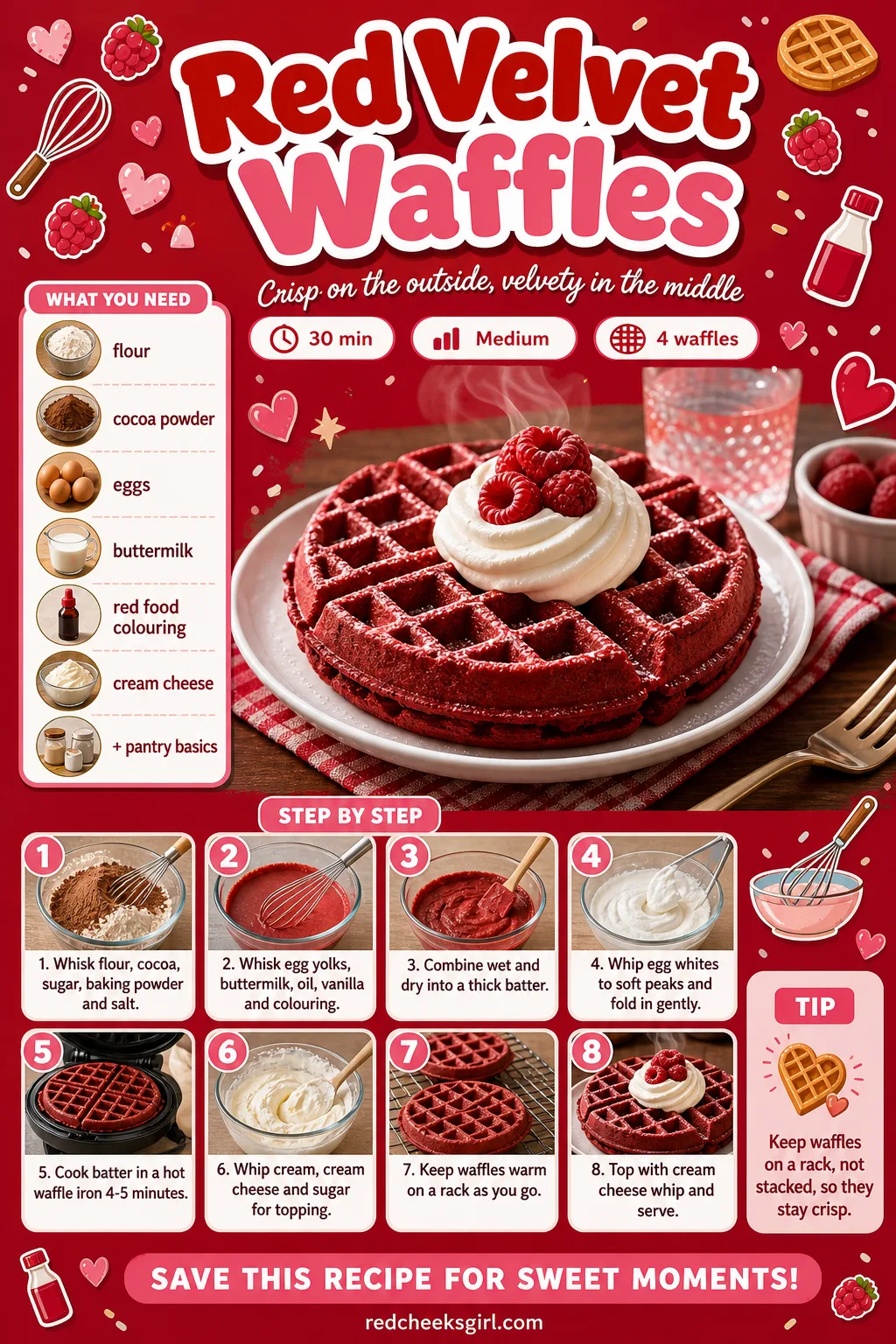 Red Velvet Waffles Recipe Card printable sheet — Printable card for red velvet waffles. Valentine breakfast