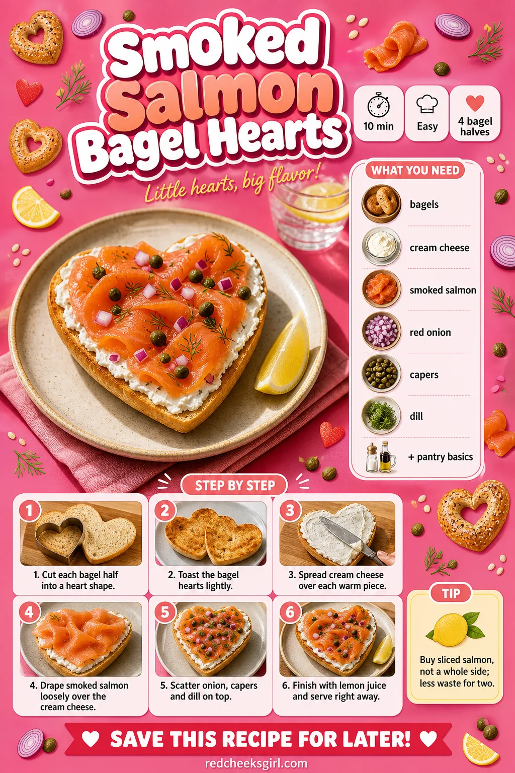 Smoked Salmon Bagel Hearts Recipe Card printable sheet — Printable card for smoked salmon bagel hearts. Valentine breakfast