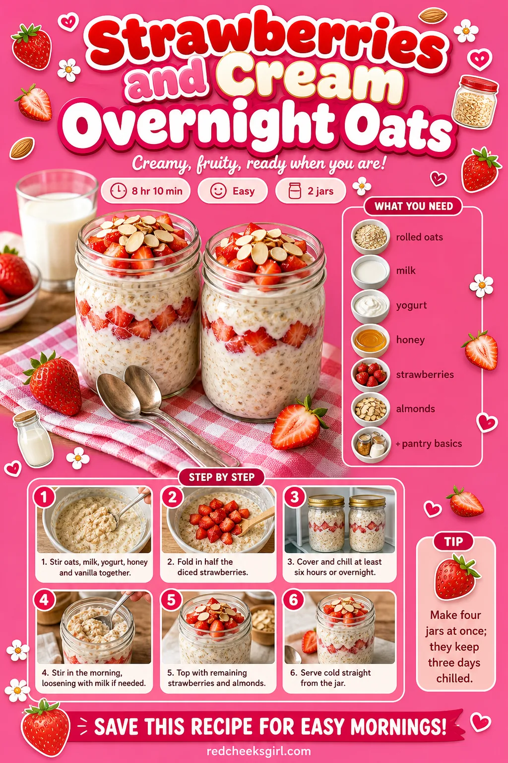 Strawberries and Cream Overnight Oats Recipe Card printable sheet — Printable card for strawberries and cream overnight oats. Valentine breakfast