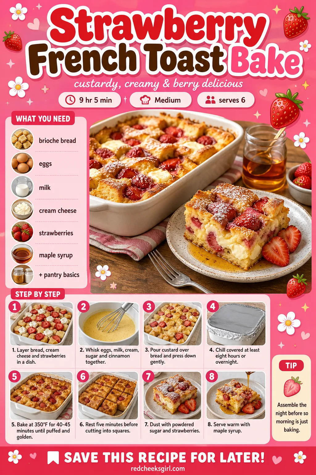 Strawberry French Toast Bake Recipe Card printable sheet — Printable card for strawberry French toast bake. Valentine breakfast