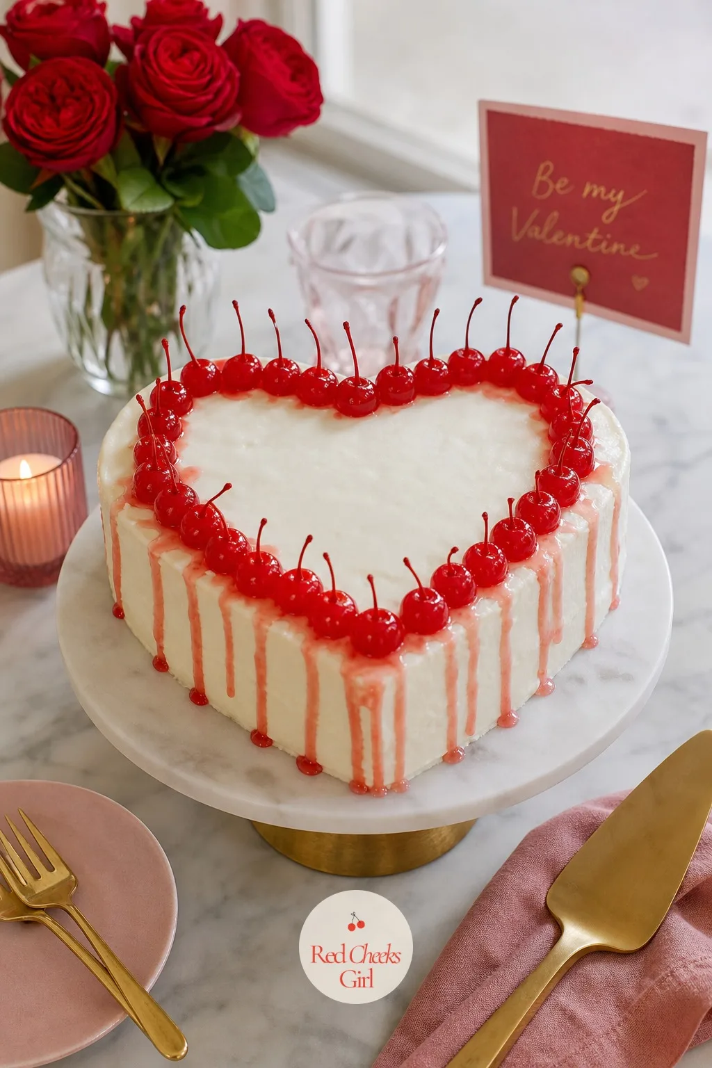 Cherry Topped Heart Cake — No piping skill required here, which is exactly the point for the friend who wants the heart-shaped drama without an afternoon at