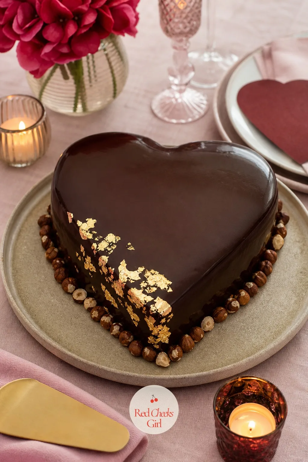 Chocolate Hazelnut Heart Cake with Gold Leaf — Some friend groups skip cutesy entirely and want something that reads as genuinely grown-up. Valentine cake