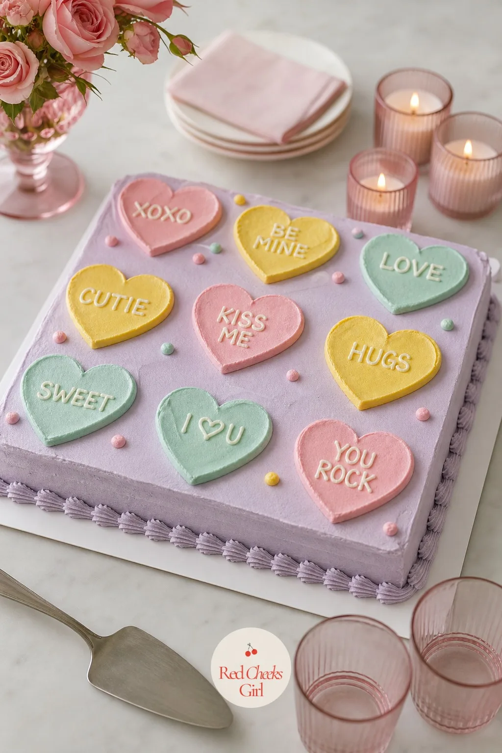 Conversation Heart Sheet Cake — This one skips romance entirely and goes straight for nostalgia, which is exactly the right note for a room full of friends