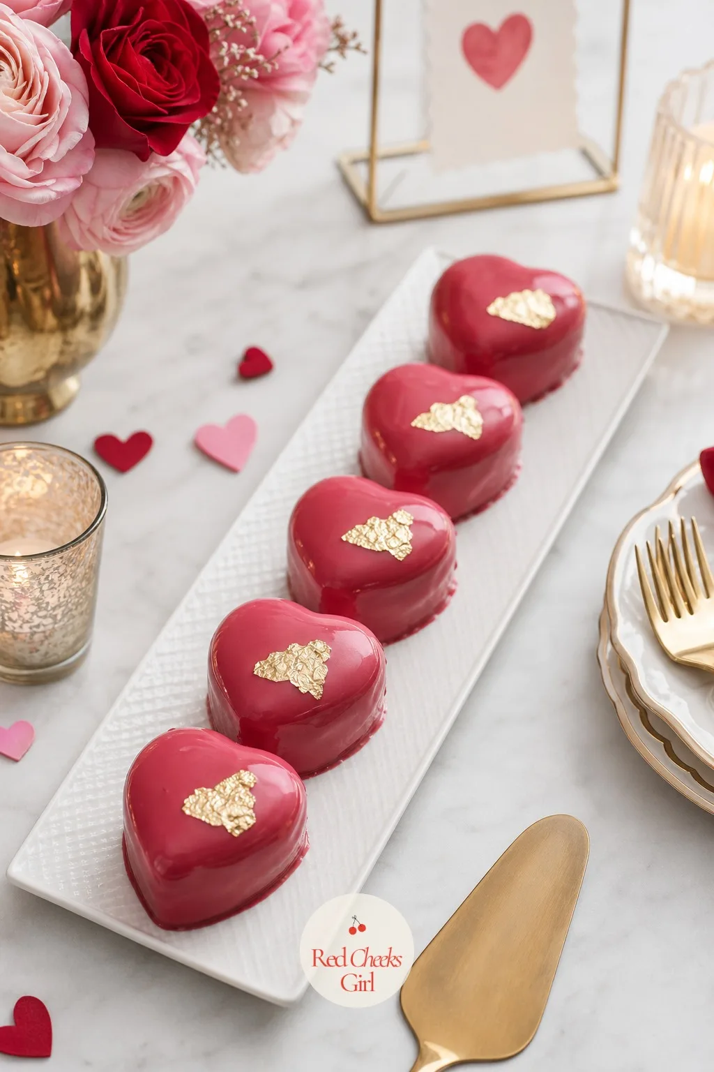 Gold Leaf Mini Heart Cakes — The last little luxury note on the table, made from the same batter as the main cake so there is no extra recipe to plan for.