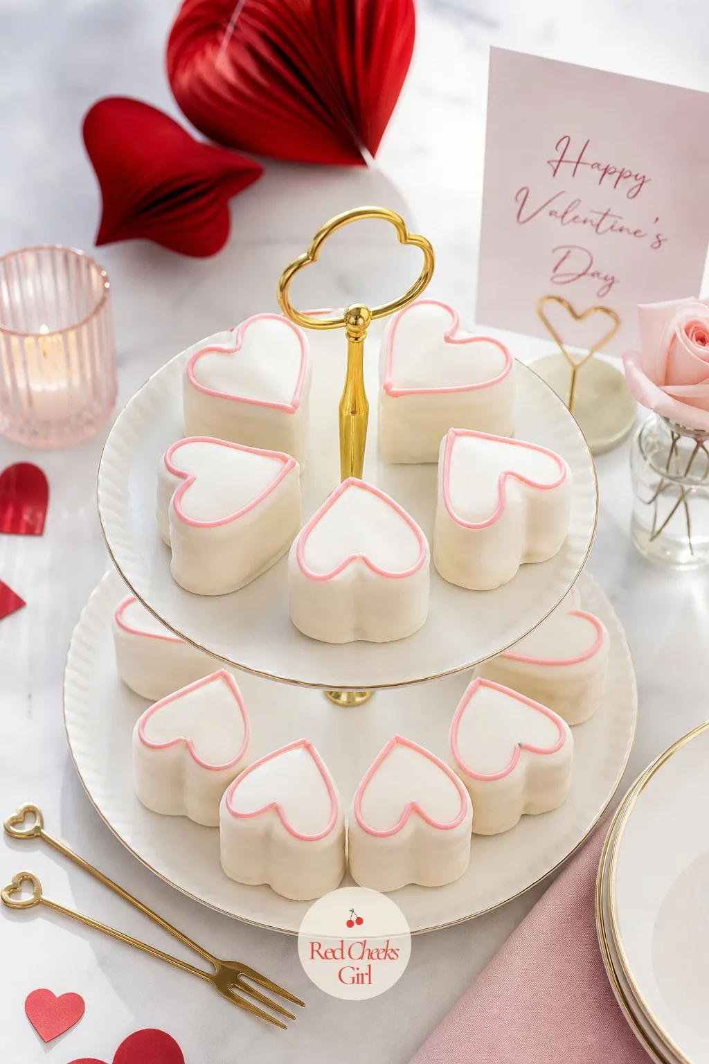 Mini Heart Petit Fours with Royal Icing — For a tea-party style spread rather than a single big cake, these small glossy bites do the plating work on their