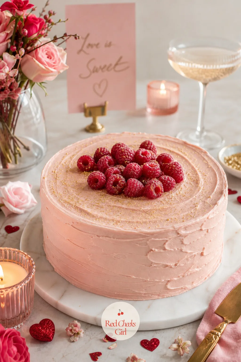 Raspberry Champagne Cake — For the Galentine's group that wants a little glamour alongside the gossip, this trades the cutesy hearts for a bit of shimmer