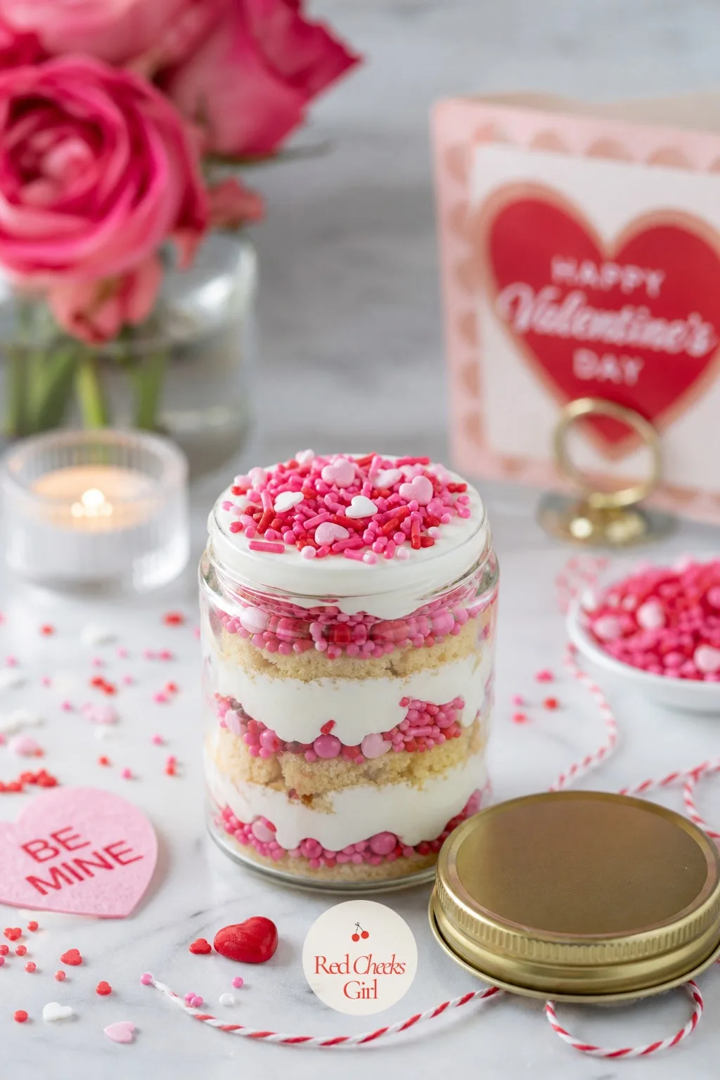 Valentine Confetti Cake Jar — This is the one built to travel, for a Galentine's potluck or a dessert dropped off at someone's door rather than eaten on site.