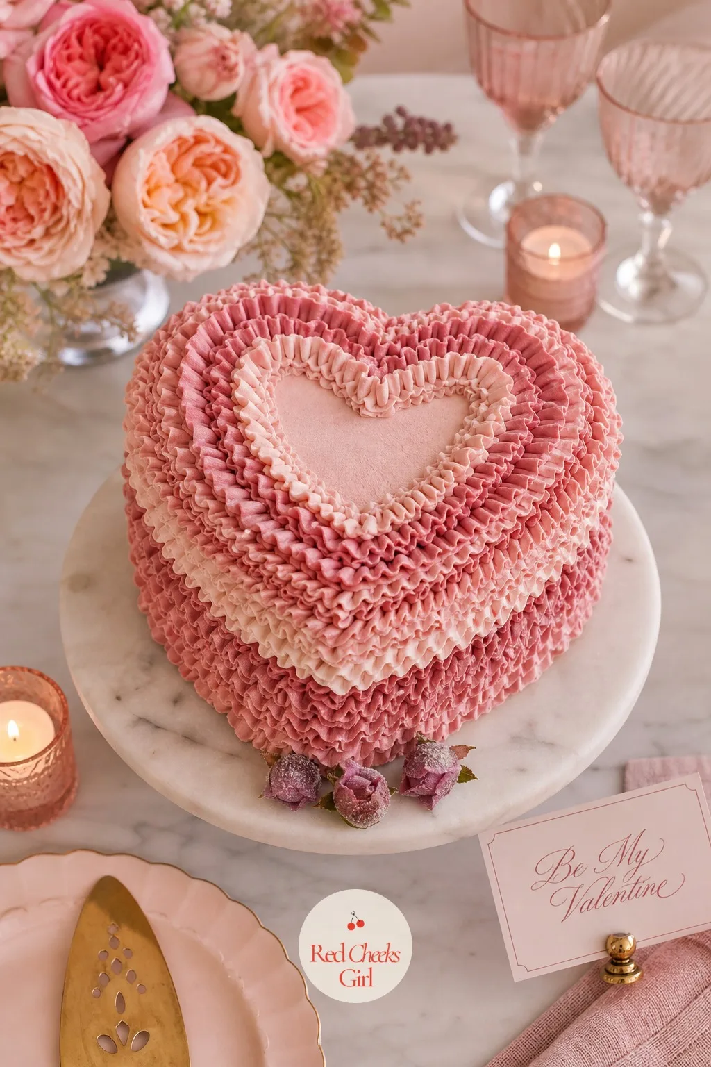 Vintage Heart Cake with Ruffled Piping — This is the one that looks like it came from an old photograph of somebody's grandmother's good china. Valentine cake