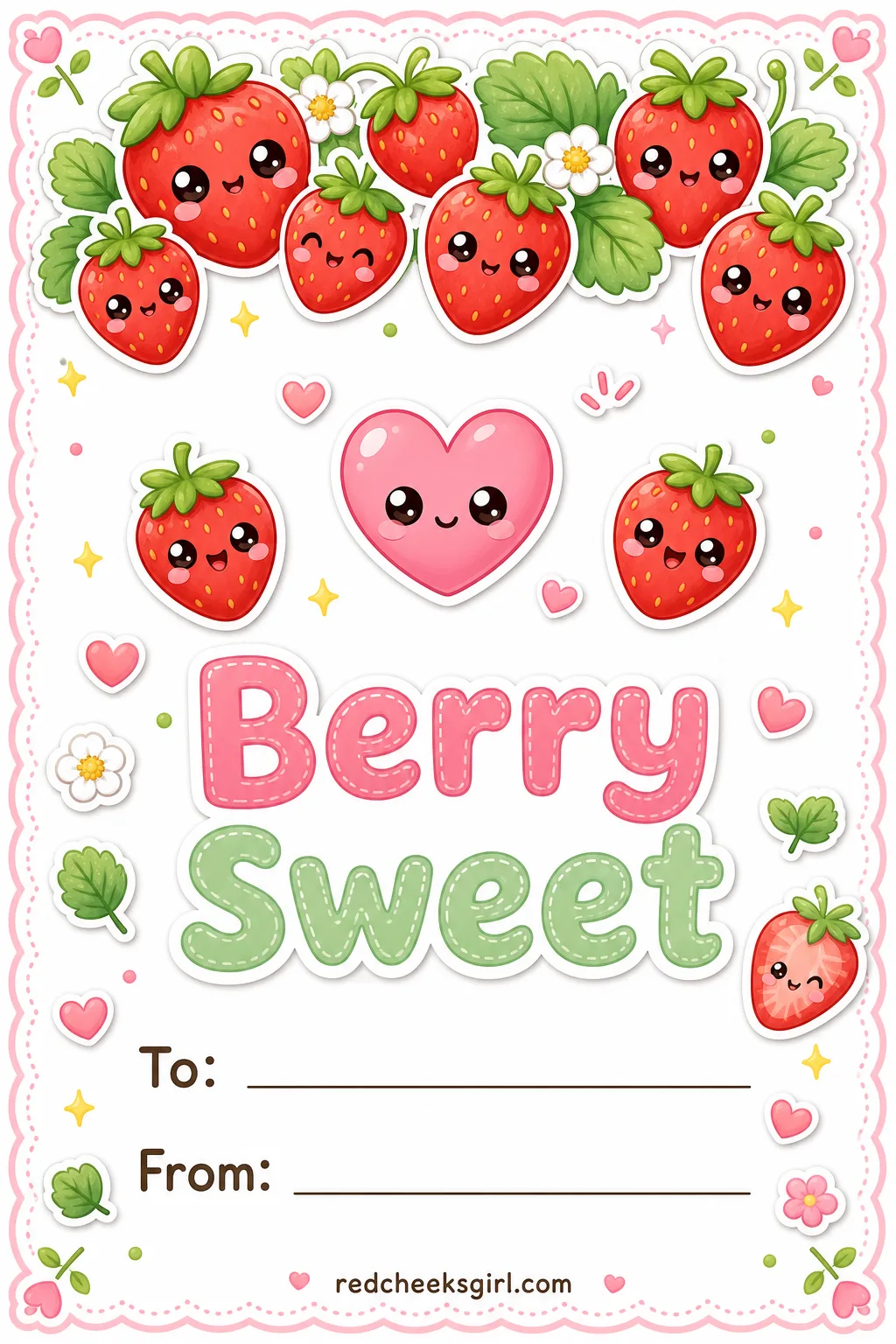 Berry Sweet printable sheet — A softer line for the friend who prefers pink to loud, or a younger sibling who still wants in on the fun even though she is not