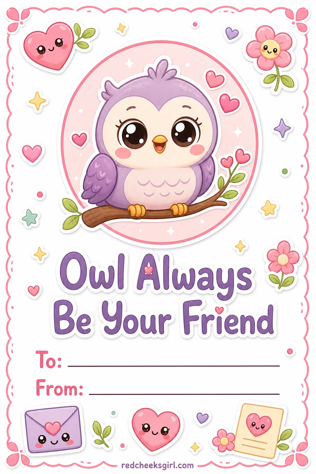 Owl Always Be Your Friend printable sheet — The quiet one in the stack, for the friend who actually means it rather than the whole class at once. Valentine