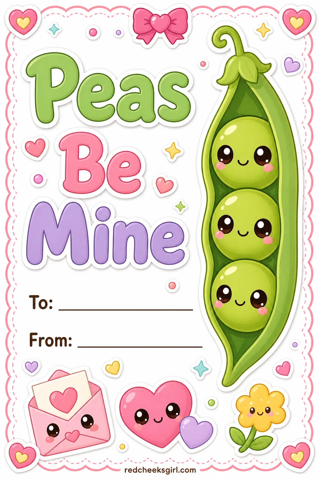 Peas Be Mine printable sheet — Short and a little silly, the kind of pun the younger end of the class likes to say out loud more than once. Valentine cards for