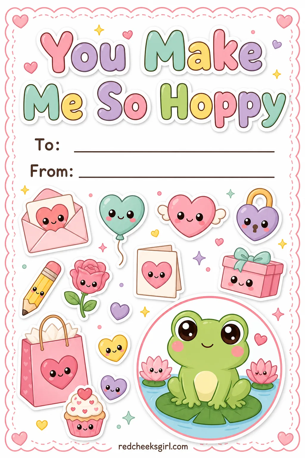 You Make Me So Hoppy printable sheet — For the kid who collects frogs, draws frogs, or simply likes the sound of a bad joke more than a good one. Valentine