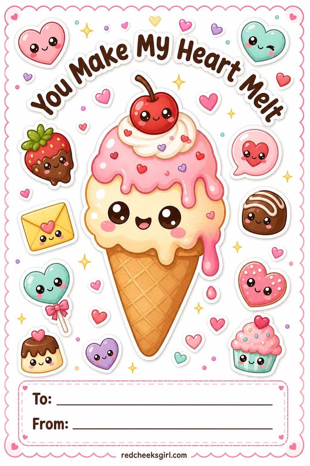 You Make My Heart Melt printable sheet — The sweetest line in the set, best saved for a best friend or a sibling rather than the whole class list. Valentine
