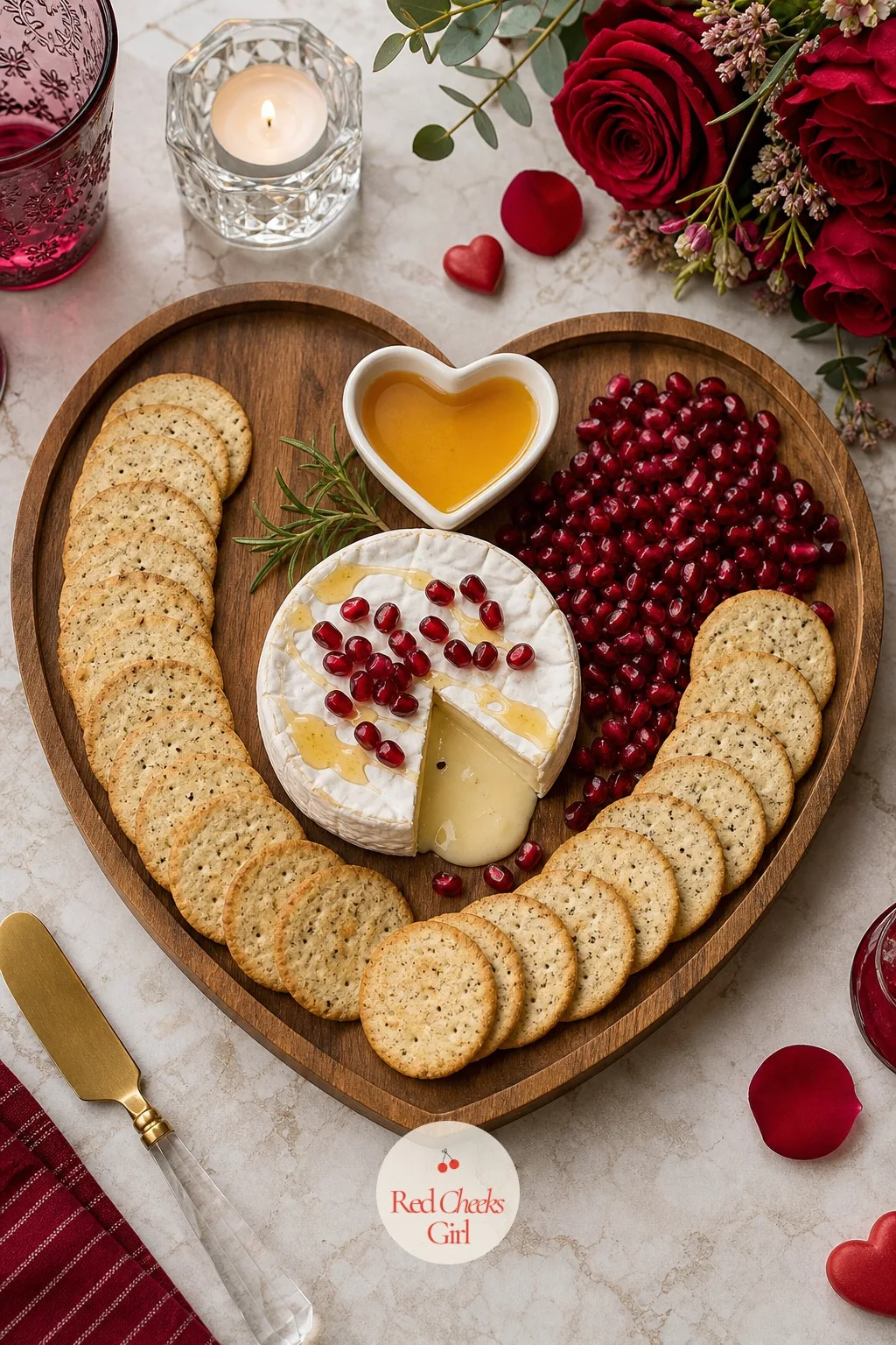 Heart-Shaped Cheese Board — A round board says dinner party. Valentine charcuterie board