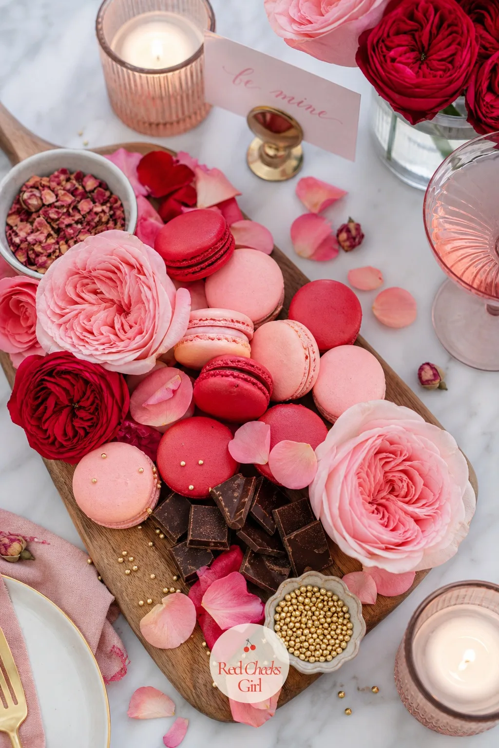 Pink Macaron and Rose Dessert Board — Macarons look expensive sitting in a bakery window. Valentine charcuterie board