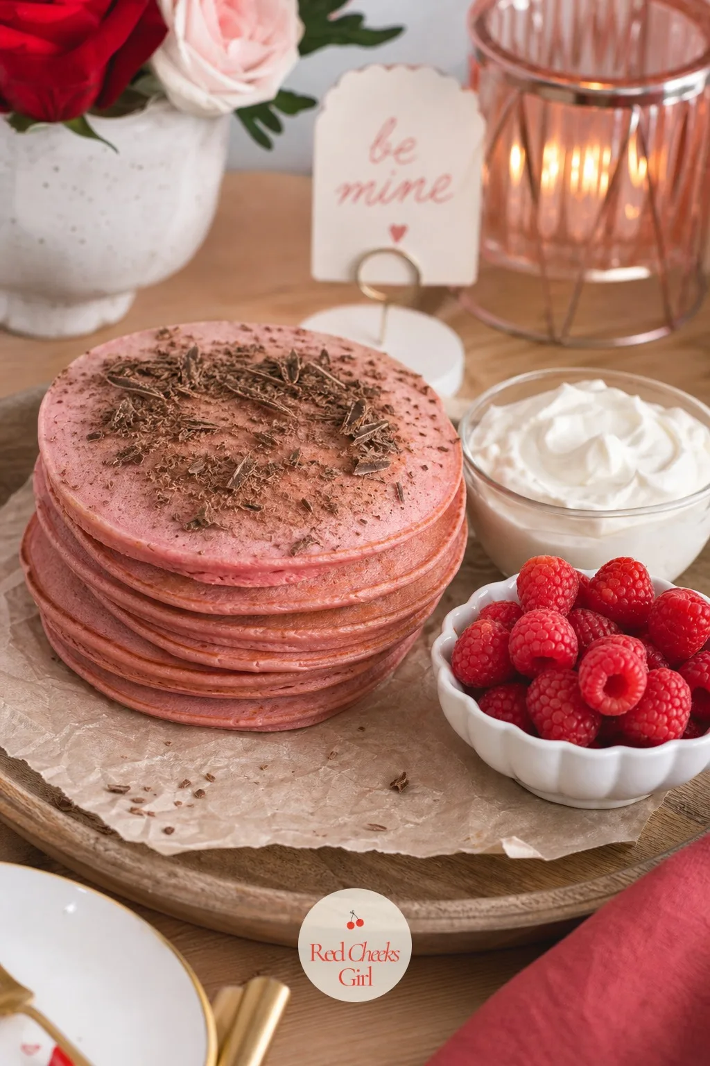 Pink Pancake and Berry Board — Plain pancakes are lovely. Valentine charcuterie board