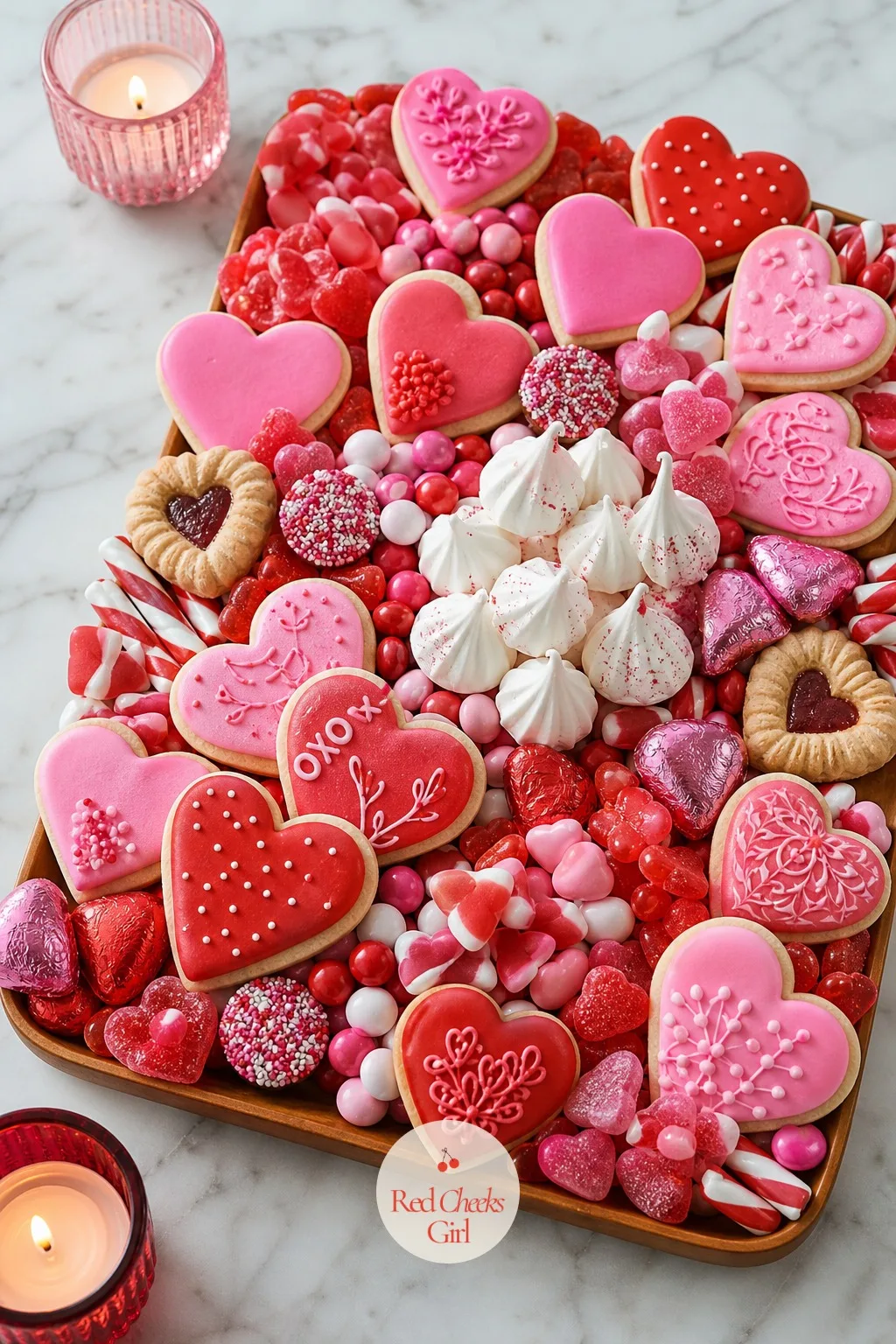 Pink and Red Candy and Cookie Board — For the friend who wants sugar, not cheese, at her own party, this is the board that finally admits it. Valentine