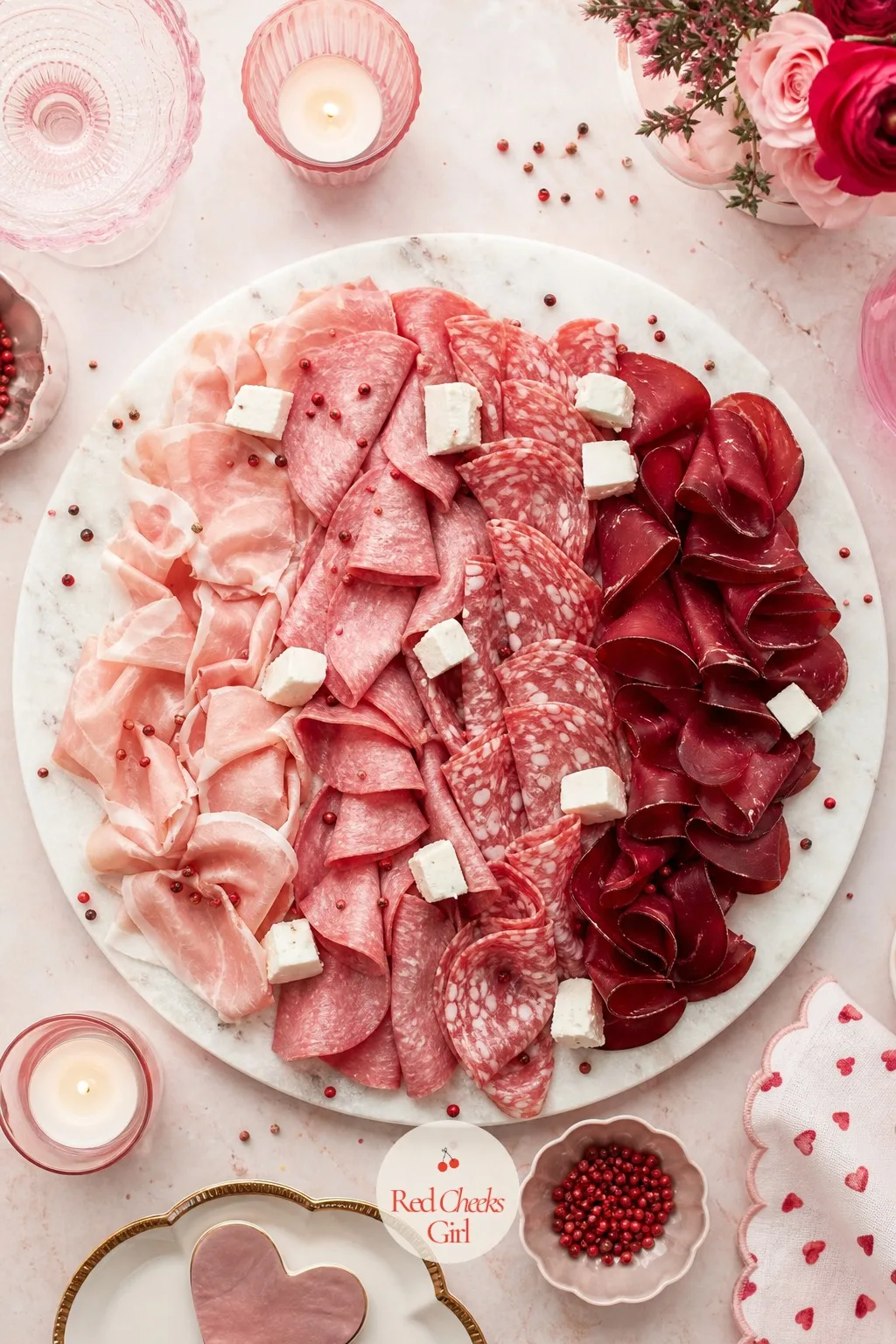 Pink and Red Ombre Charcuterie Board — Not every board needs a cookie cutter to look like Valentine's Day. Valentine charcuterie board