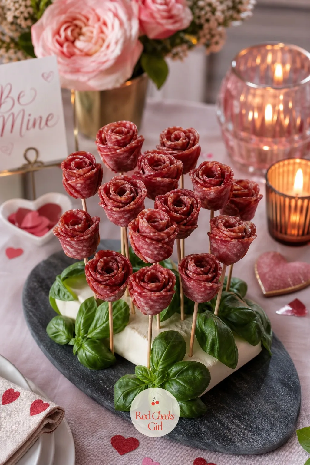 Salami Rose Board — Flat slices lying in a fan look fine. Valentine charcuterie board