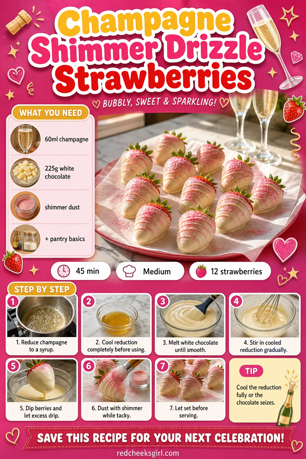 Champagne Shimmer Drizzle Strawberries Recipe Card printable sheet — A printable card for the champagne shimmer strawberries with the shimmer dust shown on the