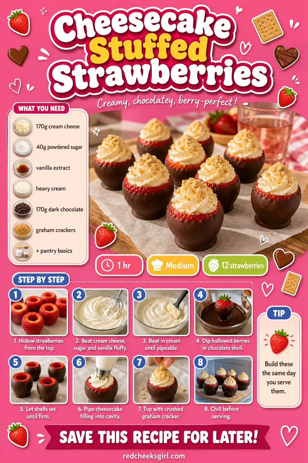 Cheesecake Stuffed Strawberries Recipe Card printable sheet — A printable card for the cheesecake stuffed strawberries showing the filling piped into the