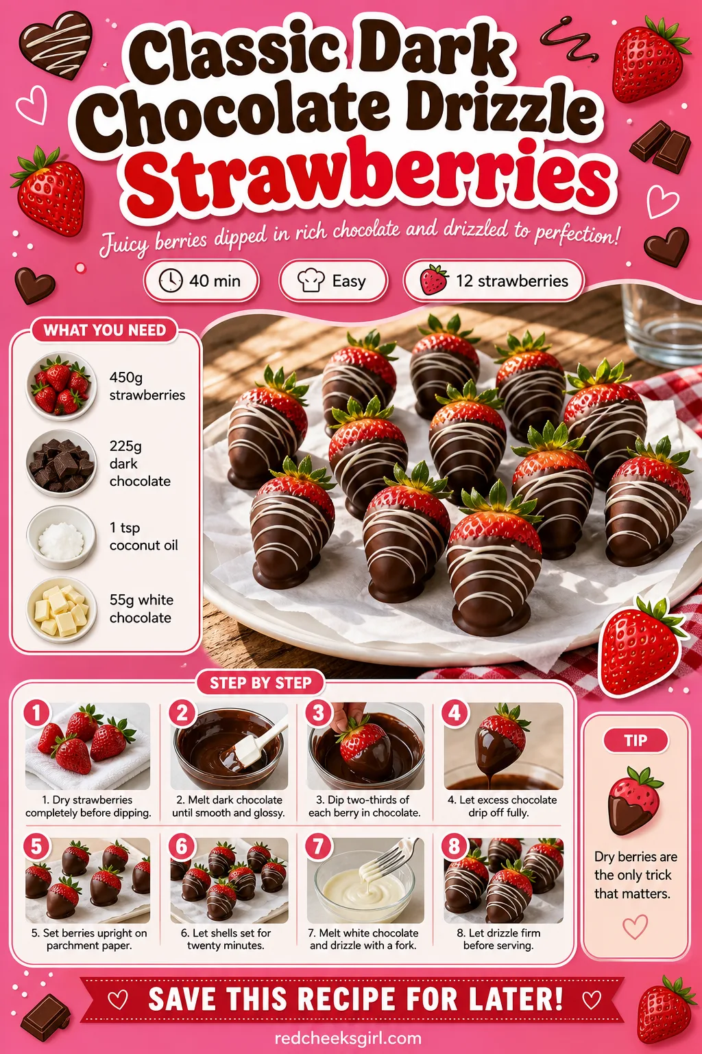 Classic Dark Chocolate Drizzle Strawberries Recipe Card printable sheet — A printable card for the classic drizzle strawberries, hero photo on top with the