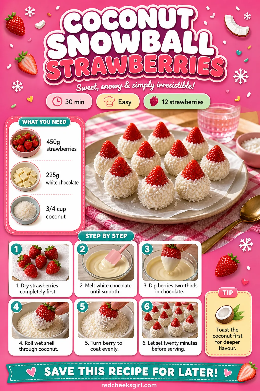 Coconut Snowball Strawberries Recipe Card printable sheet — A printable card for the coconut snowball strawberries showing the coating over the chocolate