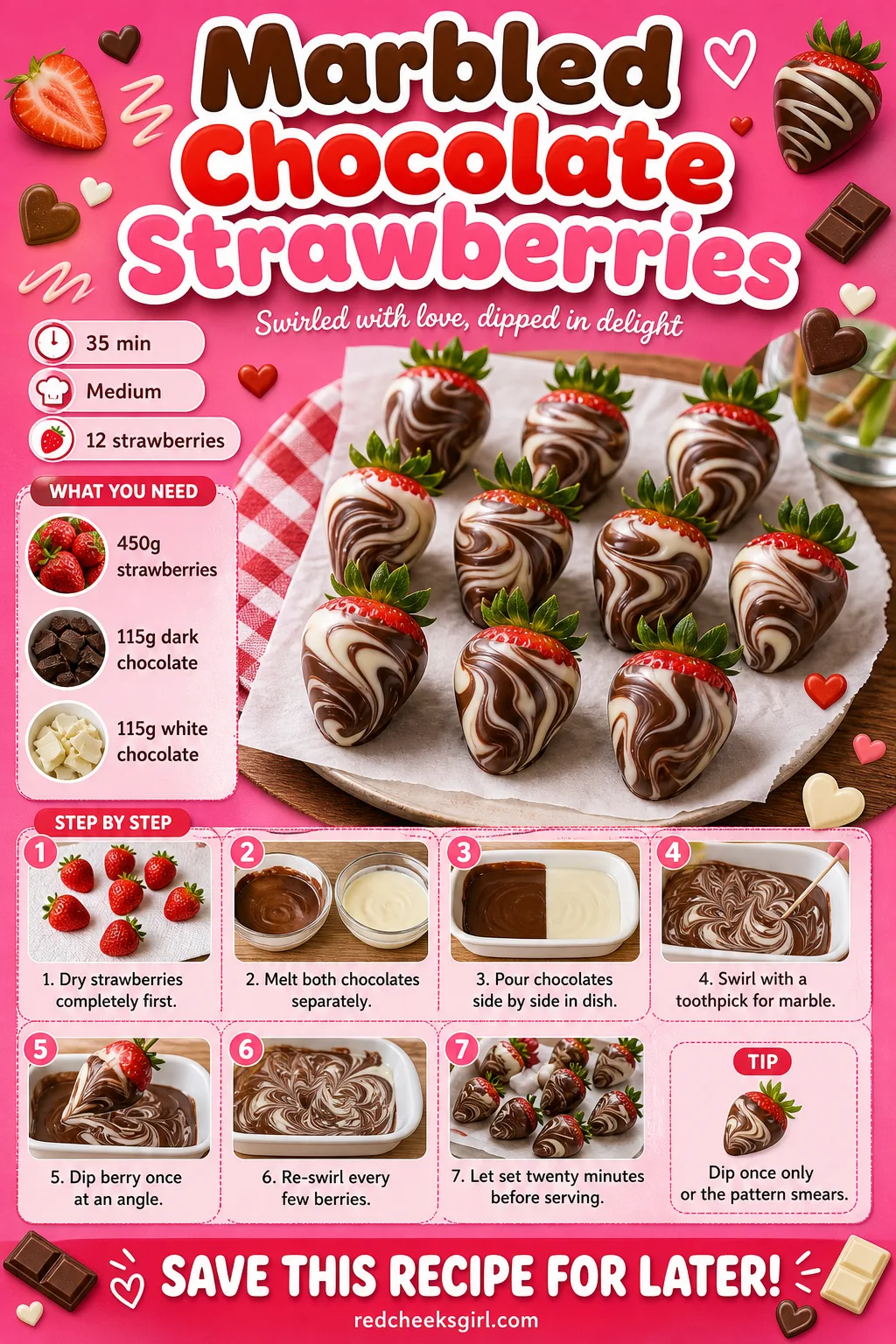 Marbled Chocolate Strawberries Recipe Card printable sheet — A printable card for the marbled chocolate strawberries with the swirl pattern shown clearly.
