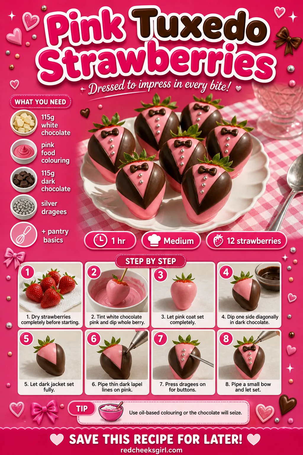 Pink Tuxedo Strawberries Recipe Card printable sheet — A printable card for the pink tuxedo strawberries, photo showing the full layered construction.