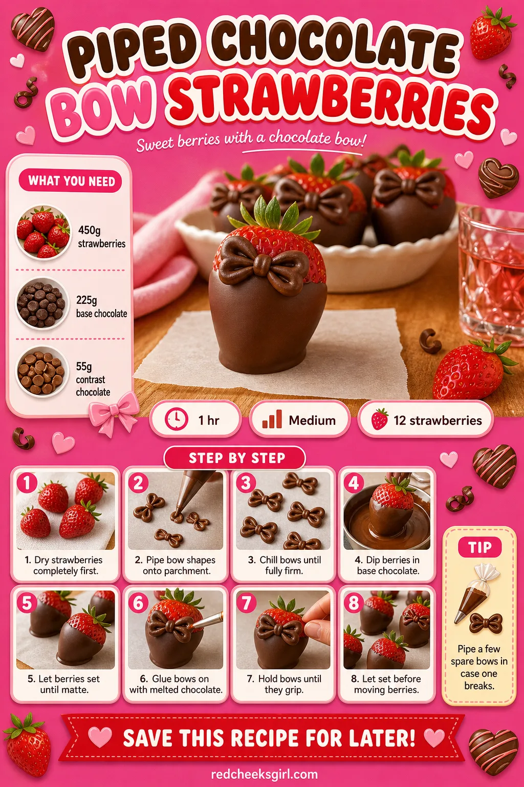 Piped Chocolate Bow Strawberries Recipe Card printable sheet — A printable card for the piped bow strawberries showing the separately piped bow attached on
