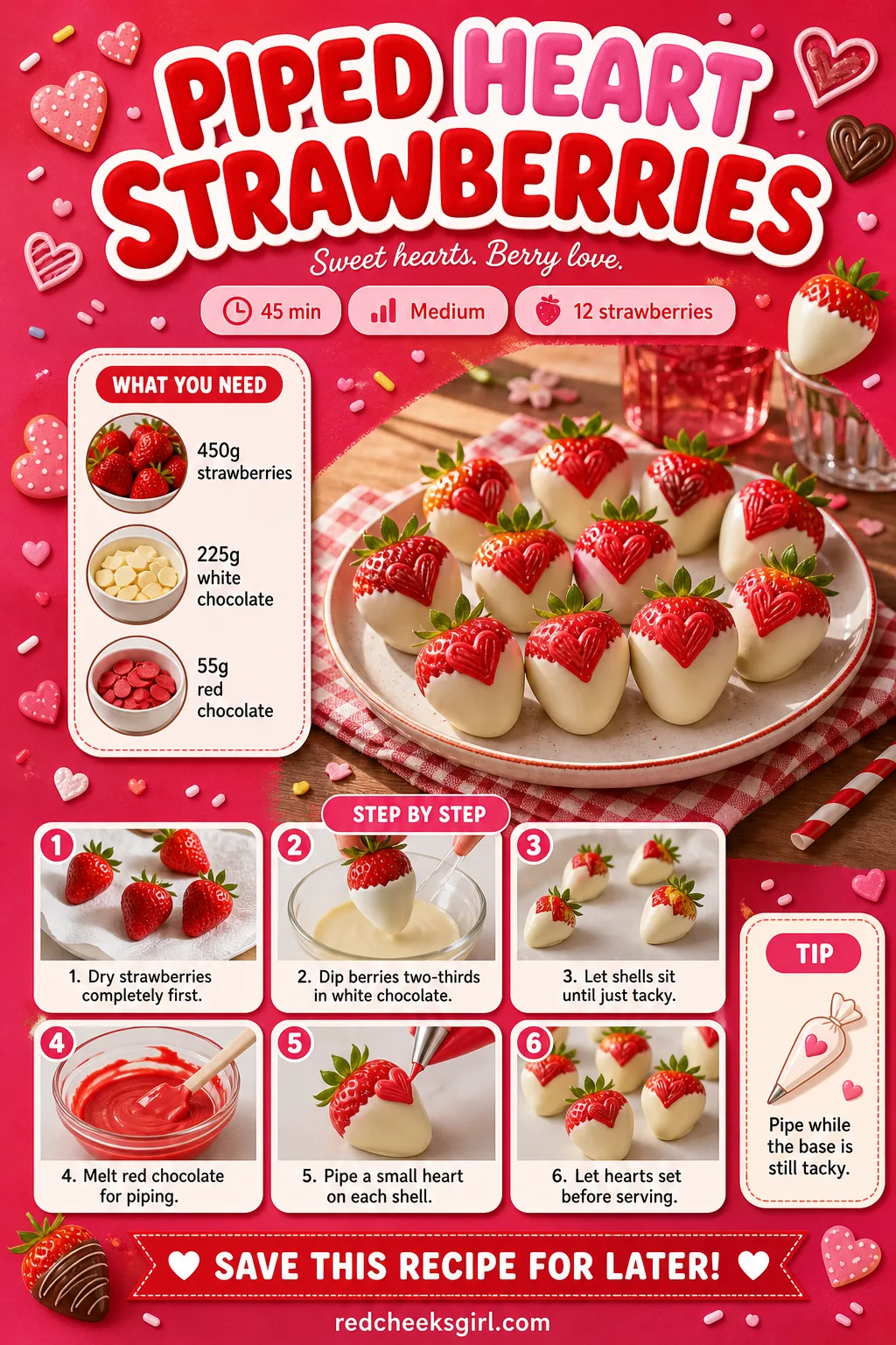 Piped Heart Strawberries Recipe Card printable sheet — A printable card for the piped heart strawberries showing the heart piped onto the base shell. Valentine