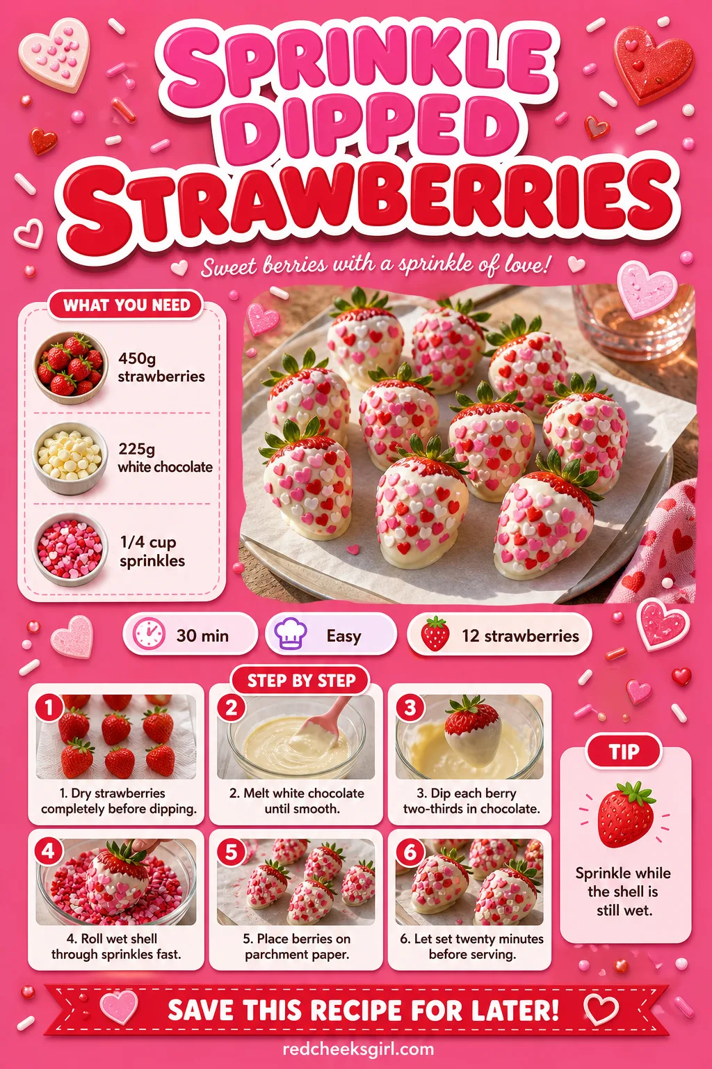 Sprinkle Dipped Strawberries Recipe Card printable sheet — A printable card for the sprinkle dipped strawberries with photo, meta line, ingredients and steps.