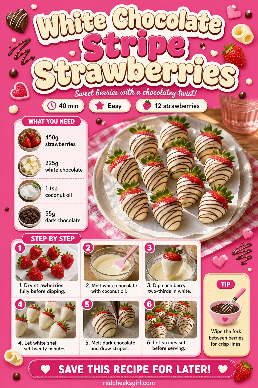White Chocolate Stripe Strawberries Recipe Card printable sheet — A printable card for the white chocolate stripe strawberries, photo-led with full method