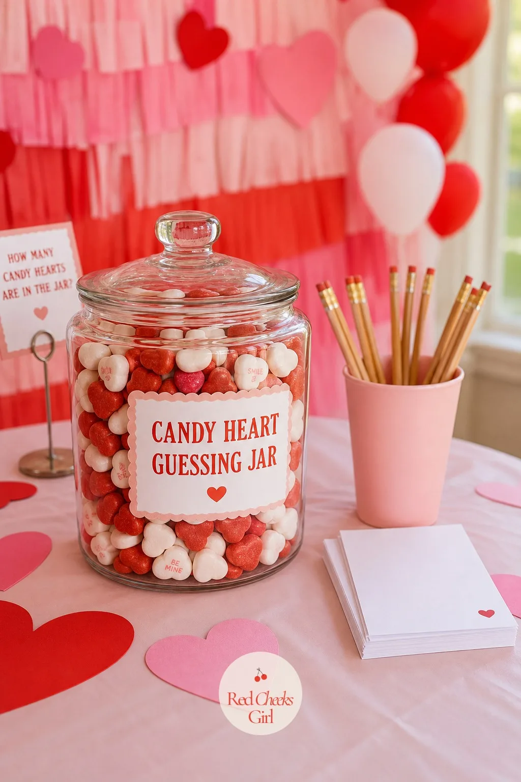 Candy Heart Guessing Jar — This is the station for the kid who does not want to run or throw anything, just think quietly and write down one number on a slip