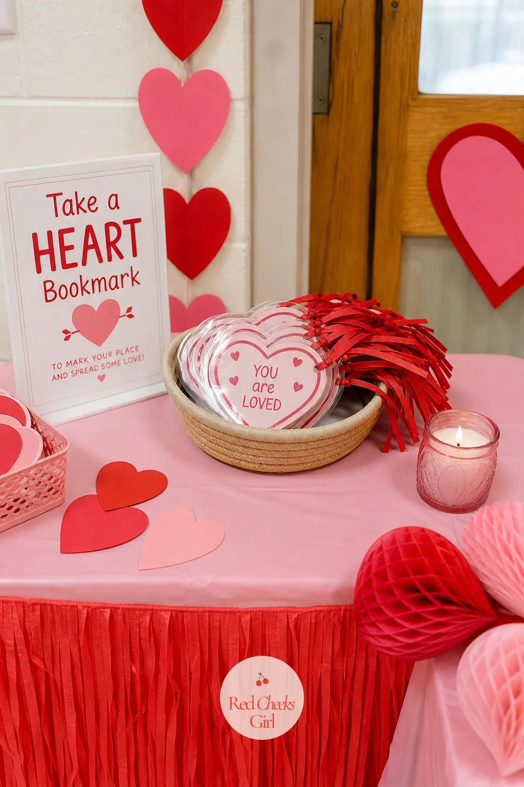 Heart Bookmark Favor Table — Not every favor needs to be a bag of things, sometimes one object a child actually uses again beats five small trinkets that end