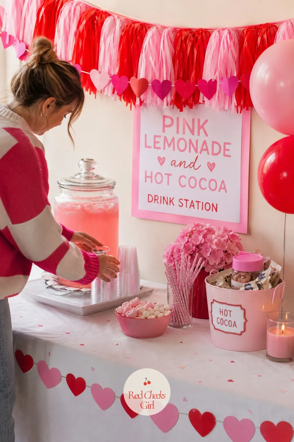Pink Lemonade and Hot Cocoa Drink Station — A drink station gives kids somewhere to go between stations without wandering, and it is the one part of the party