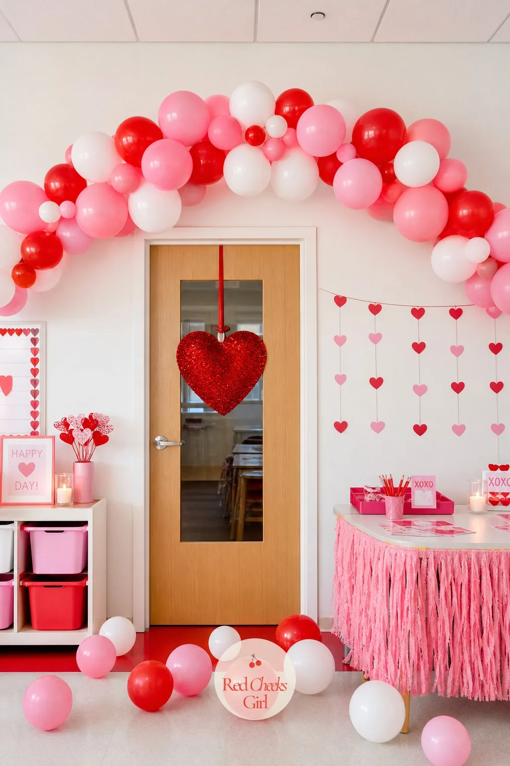 Pink and Red Balloon Arch — A balloon arch sounds like a wedding, not a second grade classroom, but the dollar store version takes fifteen minutes and makes