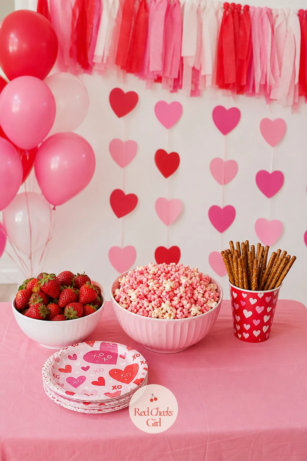 Simple Valentine Snack Table — She wants one table that needs no activity attached, just food kids can grab and go eat at their desks, and that is exactly what