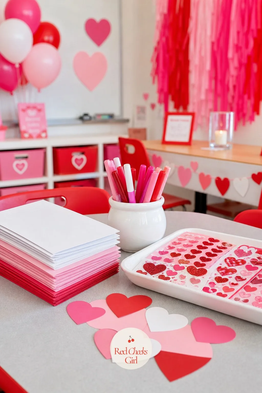Valentine Card Making Table — Most kids bring premade cards from home, but a table where they can make one by hand turns the holiday into something they
