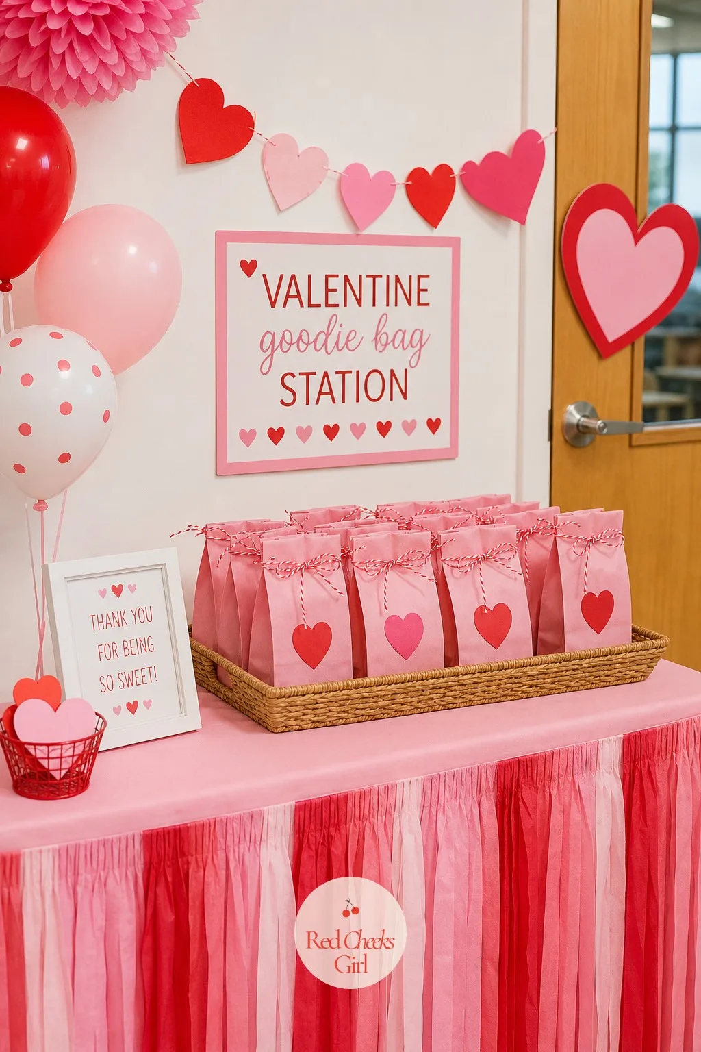Valentine Goodie Bag Station — The last table in the room should need no decision from a tired kid, just one bag to grab on the way out the door, already