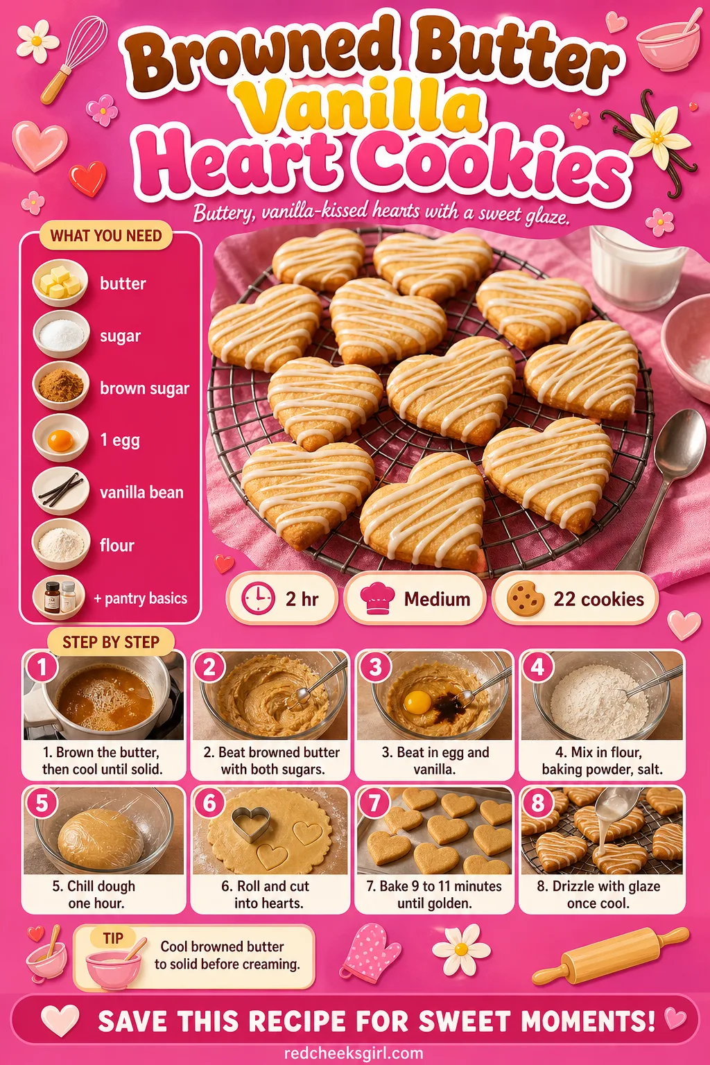 Browned Butter Vanilla Heart Cookies Recipe Card printable sheet — Printable card for browned butter heart cookies with glaze. Valentine cookies