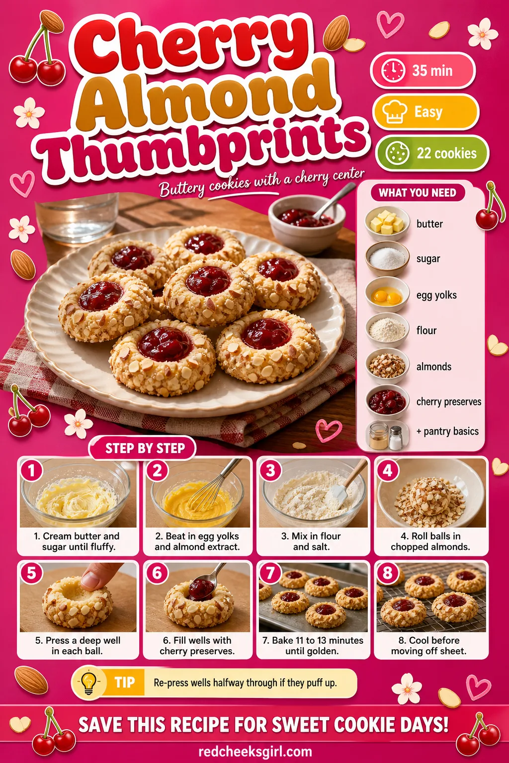 Cherry Almond Thumbprints Recipe Card printable sheet — Printable card for cherry almond thumbprint cookies. Valentine cookies