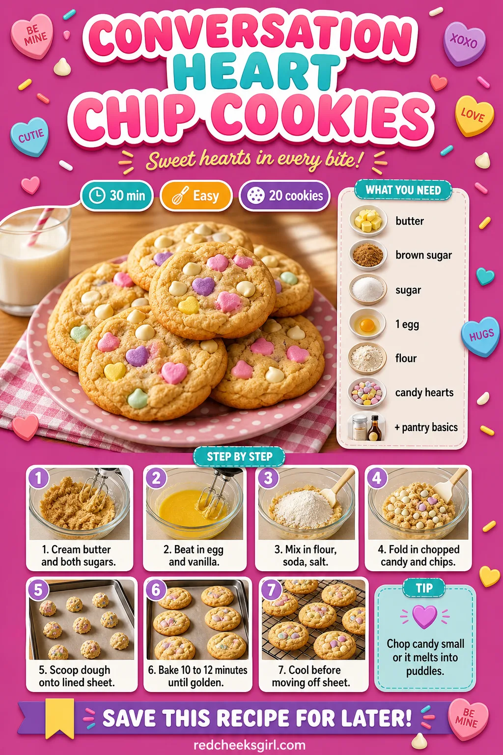 Conversation Heart Chip Cookies Recipe Card printable sheet — Printable card for drop cookies studded with candy hearts. Valentine cookies