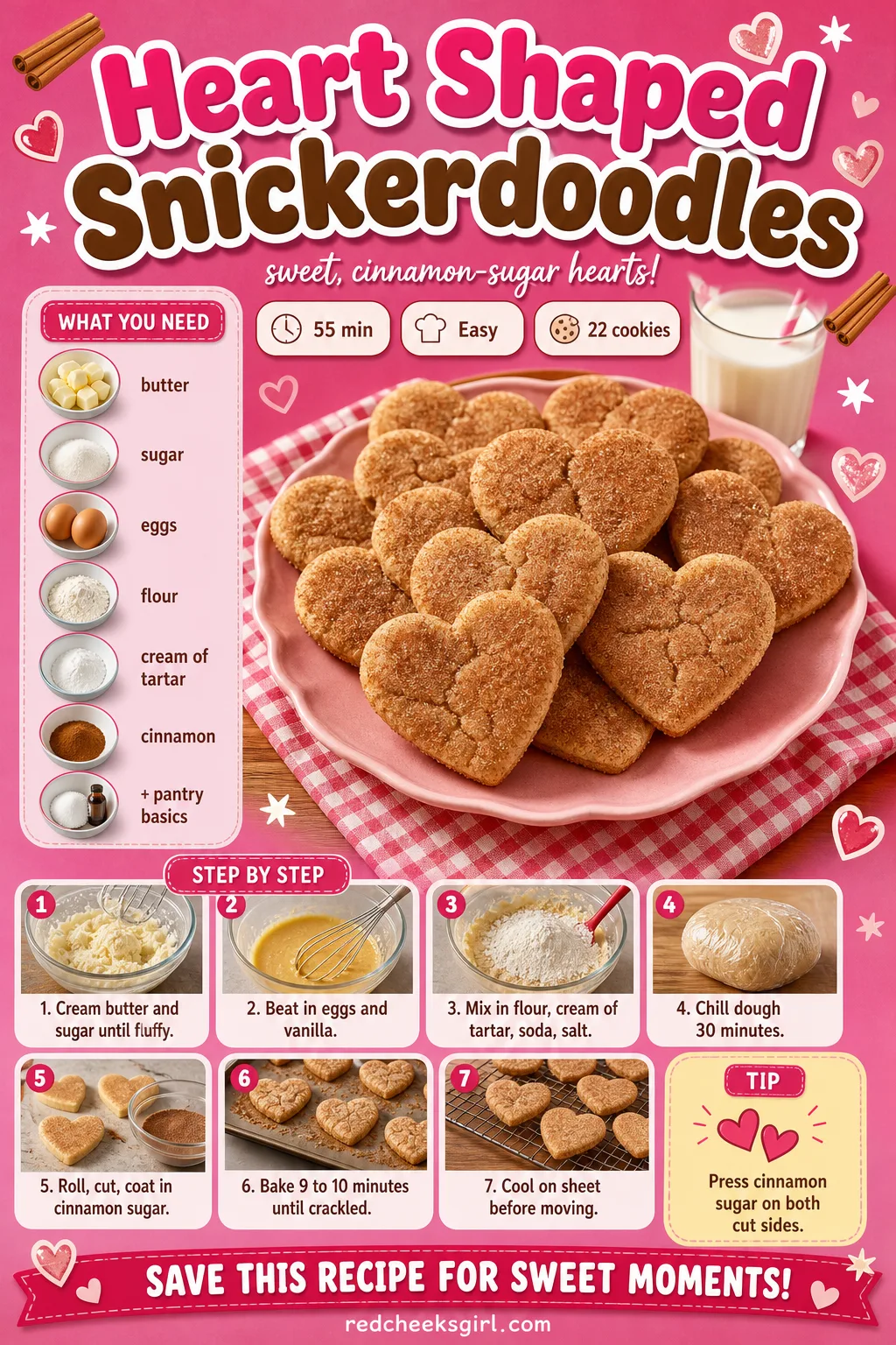 Heart Shaped Snickerdoodles Recipe Card printable sheet — Printable card for cinnamon sugar heart snickerdoodles. Valentine cookies