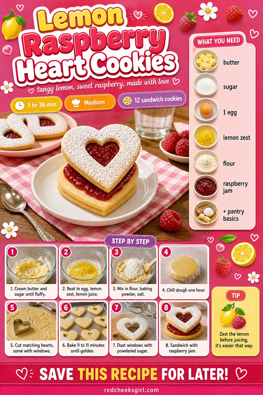 Lemon Raspberry Heart Cookies Recipe Card printable sheet — Printable card for lemon raspberry sandwich hearts. Valentine cookies